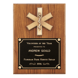 9" x 12" Walnut Plaque with Gold EMT Star of Life and Black Brass Plate