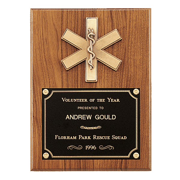 9" x 12" Walnut Plaque with Gold EMT Star of Life and Black Brass Plate