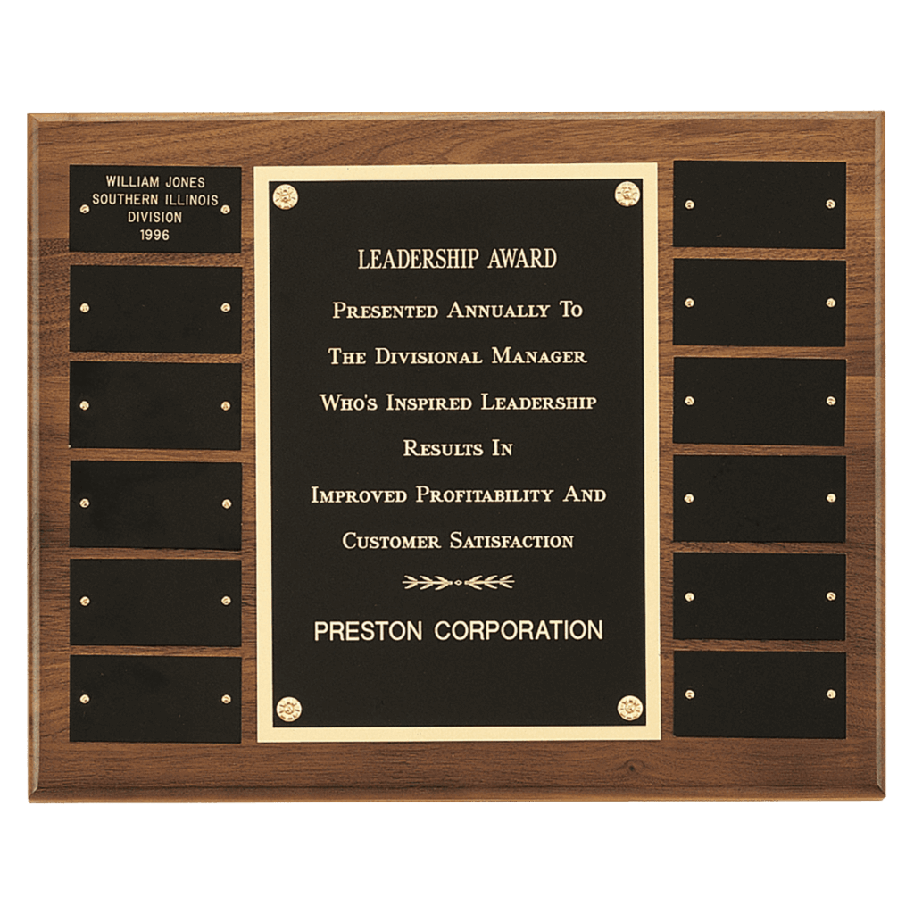 12" x 15"/Plates 1 1/2" x 3" American Walnut 12 Plate Perpetual Plaque with Black Brass Plates