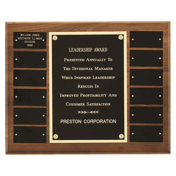 12" x 15"/Plates 1 1/2" x 3" American Walnut 12 Plate Perpetual Plaque with Black Brass Plates
