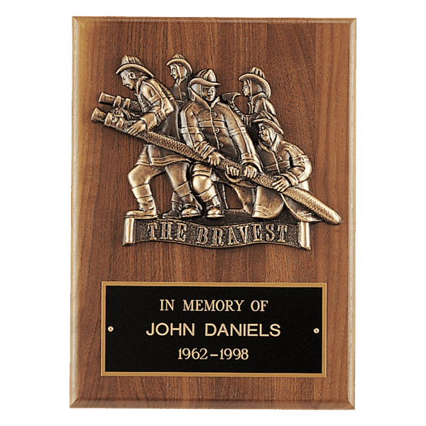 9" x 12" American Walnut Plaque, Bronze Cast Fire Department "Bravest" with Black Brass Plate