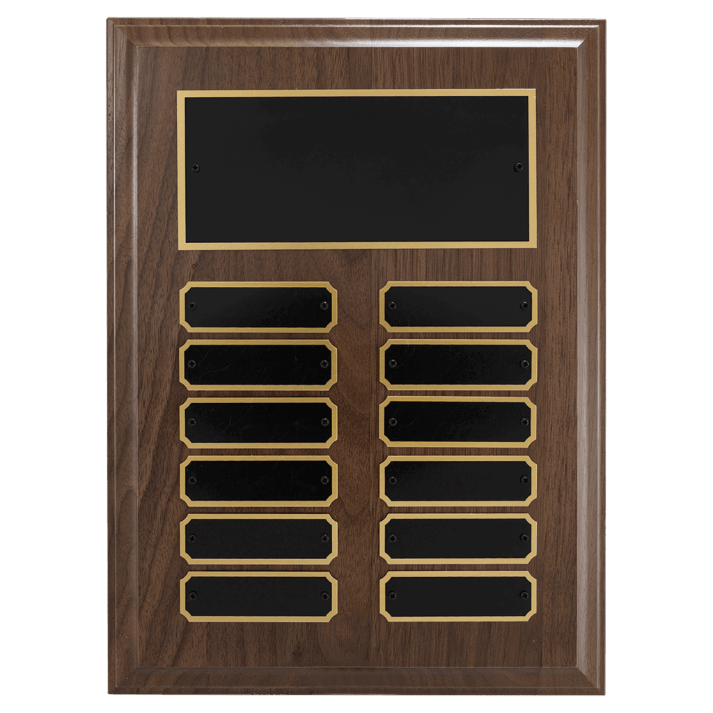 9" x 12"/Plates 7/8" x 2 3/4" Walnut Step-Edge 12 Plate Perpetual Plaque with Black Brass Plate