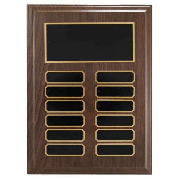 9" x 12"/Plates 7/8" x 2 3/4" Walnut Step-Edge 12 Plate Perpetual Plaque with Black Brass Plate