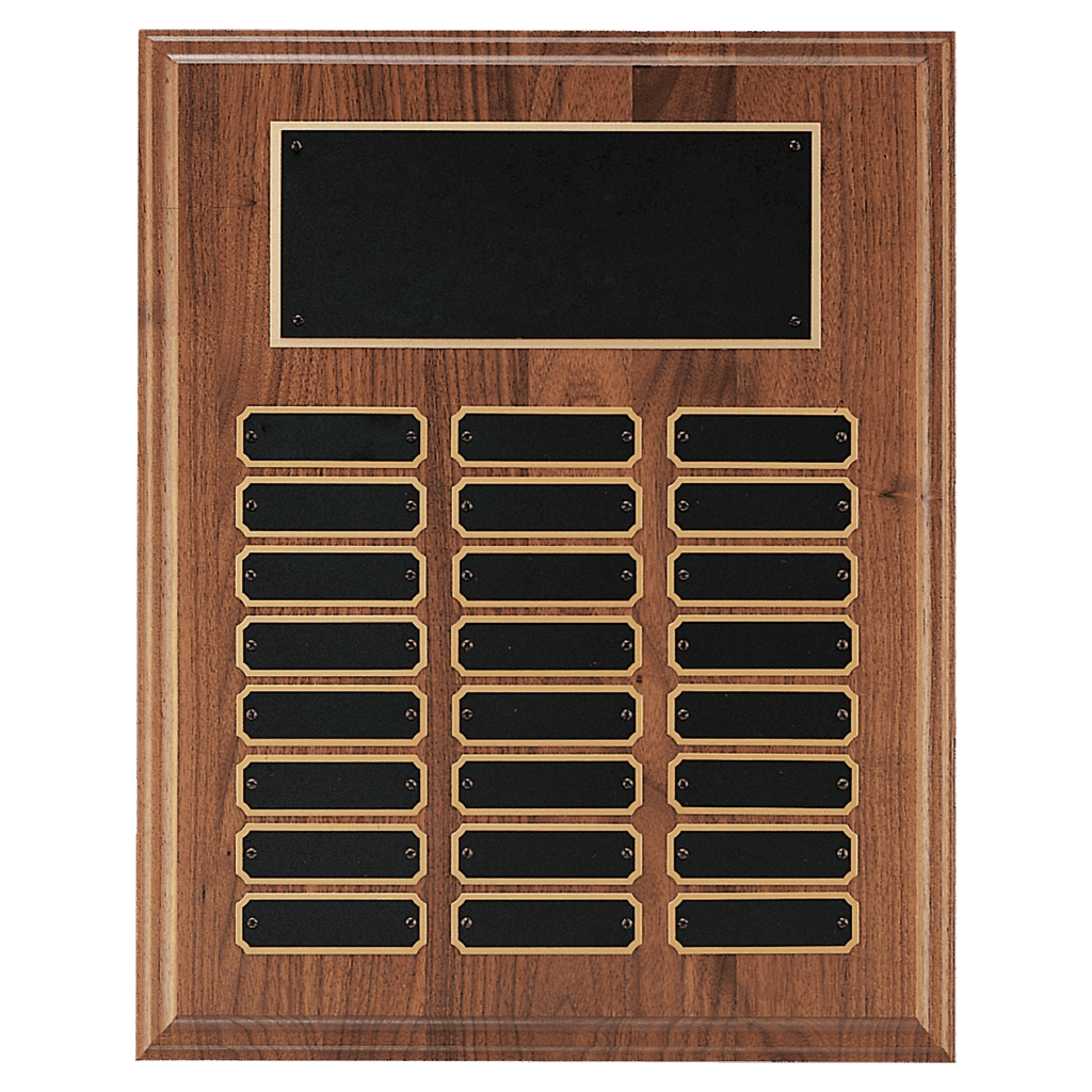 12" x 15" Walnut Step-Edge 24 Plate Perpetual Plaque with Black Brass Plate