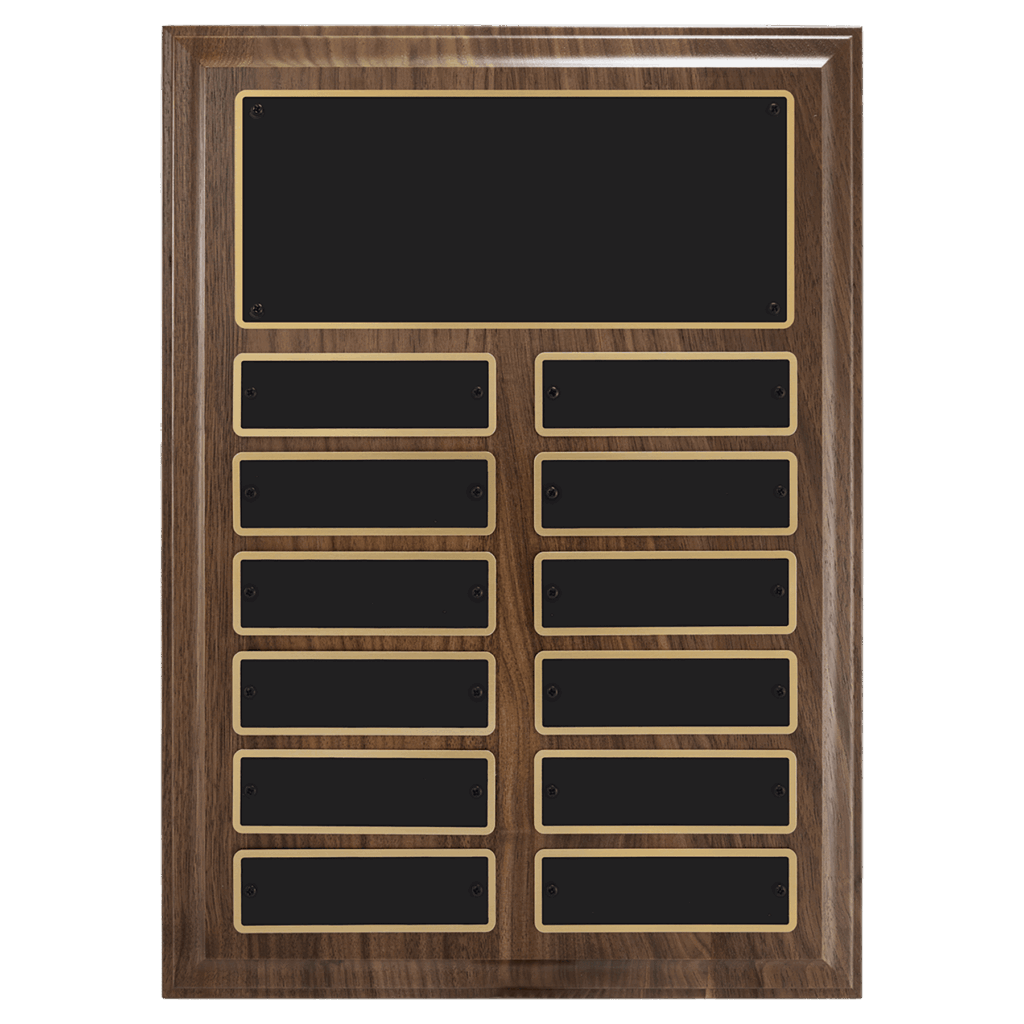 9" x 12"/Plates 1" x 3 1/4" Walnut Step-Edge 12 Plate Perpetual Plaque with Black Brass Plate