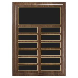 9" x 12"/Plates 1" x 3 1/4" Walnut Step-Edge 12 Plate Perpetual Plaque with Black Brass Plate