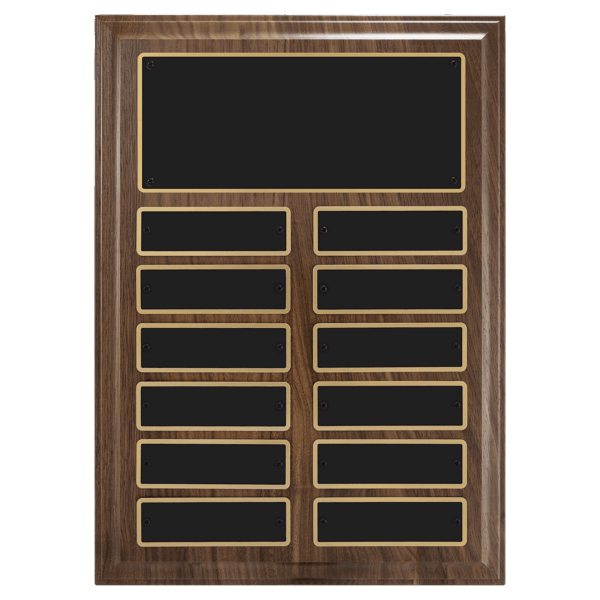 9" x 12"/Plates 1" x 3 1/4" Walnut Step-Edge 12 Plate Perpetual Plaque with Black Brass Plate