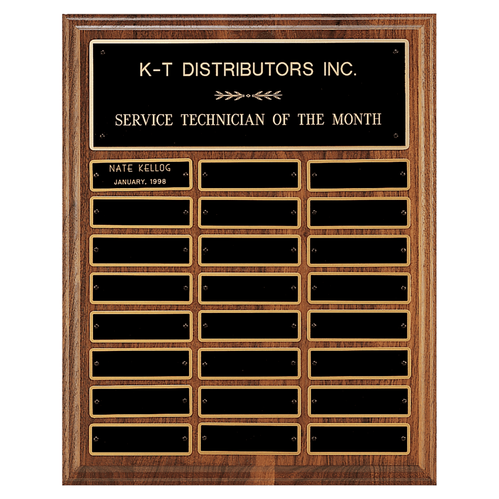 12" x 15"/Plates 1" x 3 1/4" Walnut Step-Edge 24 Plate Perpetual Plaque with Black Brass Plate