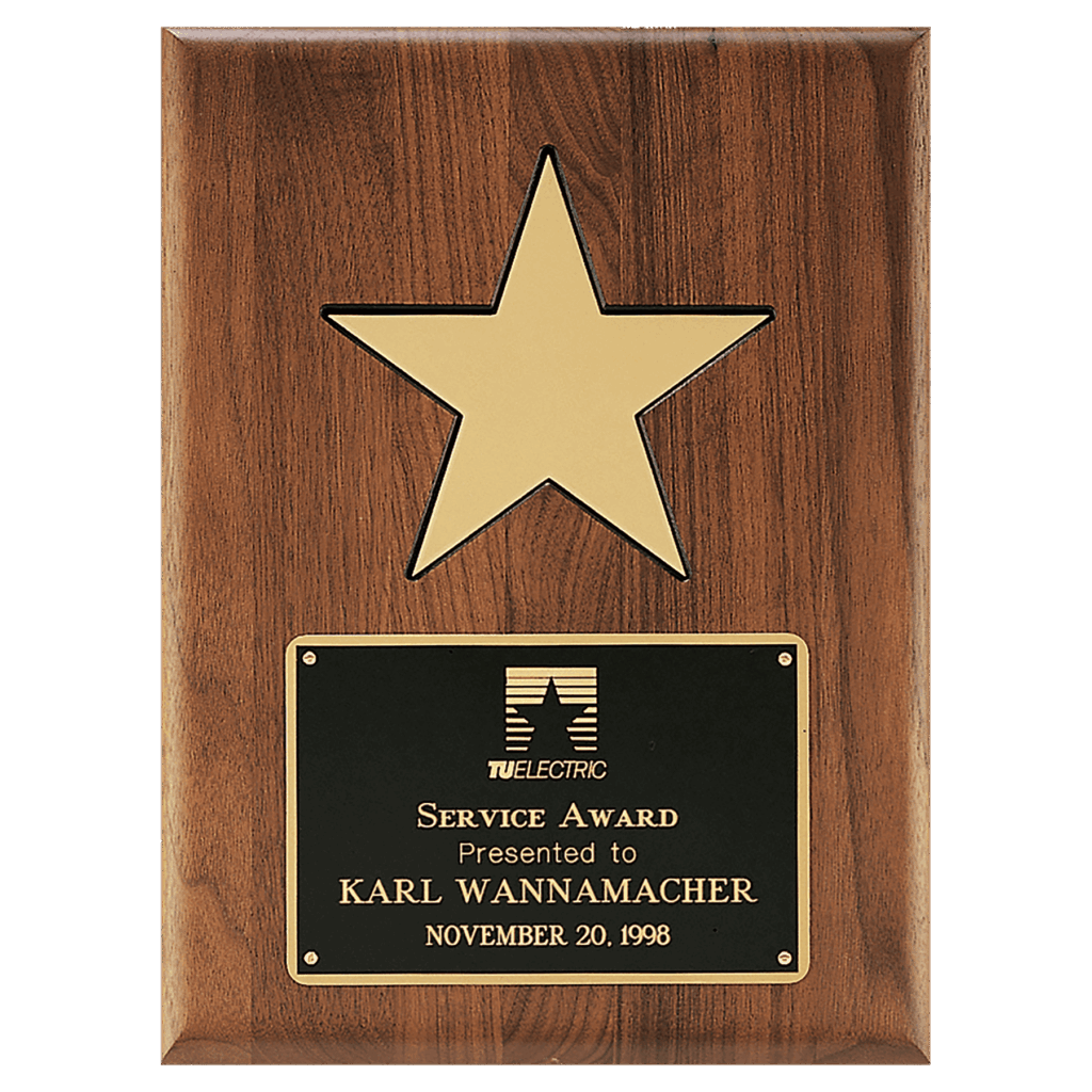 9" X 12" Gold Aluminum Star on a Solid Walnut Plaque with Black Recessed Area and Black LaserFX Plate