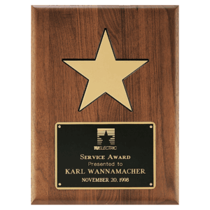 9" X 12" Gold Aluminum Star on a Solid Walnut Plaque with Black Recessed Area and Black LaserFX Plate