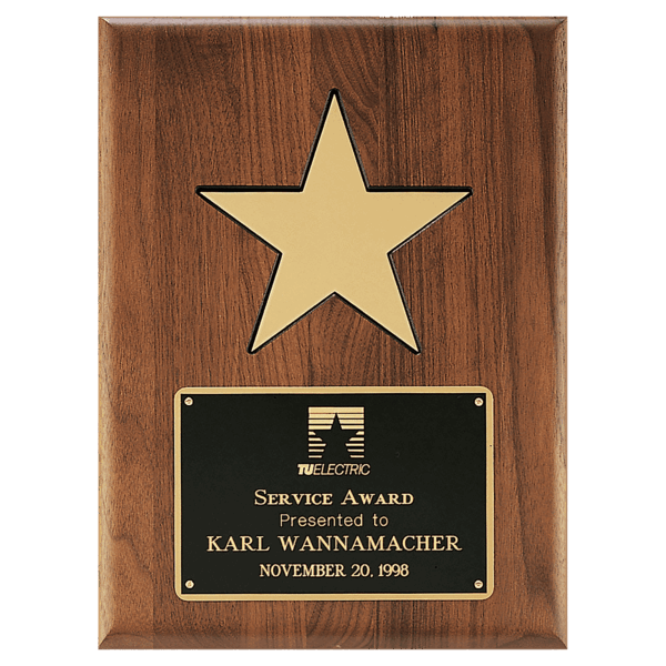 9" X 12" Gold Aluminum Star on a Solid Walnut Plaque with Black Recessed Area and Black LaserFX Plate