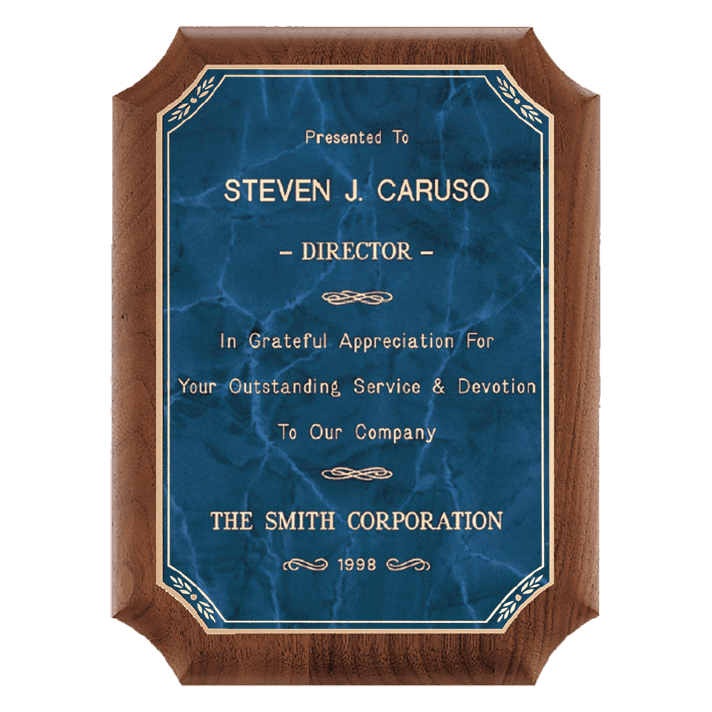 7" x 8" American Walnut Plaque with Gold Border Sapphire Marble LaserFX Plate