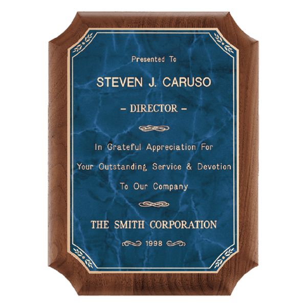 9" x 12" American Walnut Plaque with Gold Border Sapphire Marble LaserFX Plate