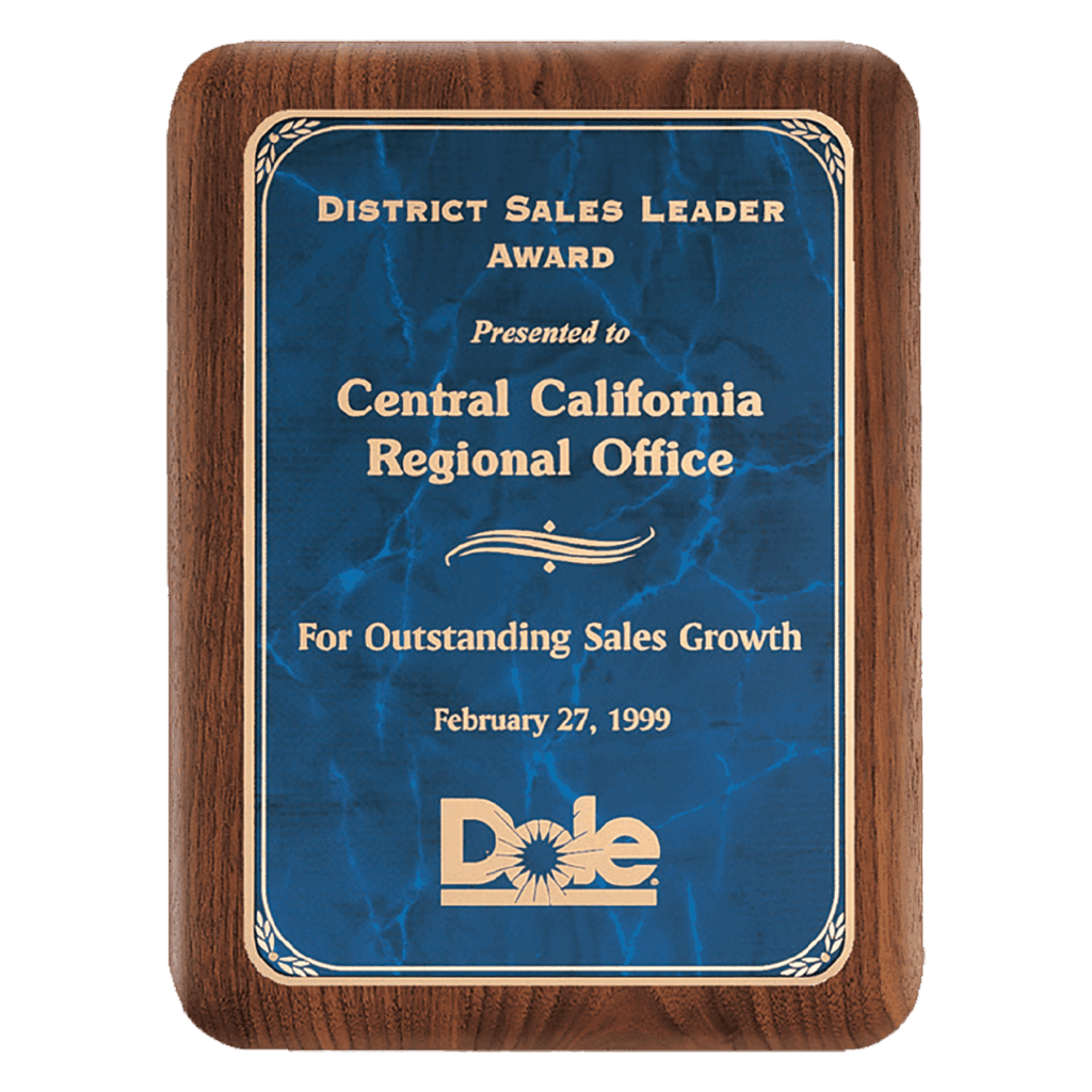 9" x 12" American Walnut Plaque with Gold Border Sapphire Marble LaserFX Plate