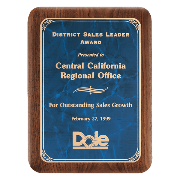 9" x 12" American Walnut Plaque with Gold Border Sapphire Marble LaserFX Plate