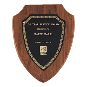 8 1/2" x 10 1/2" Jewelers Black Laserable Gold Border Shield Plate on an American Walnut Shield Plaque- Sheffield Series