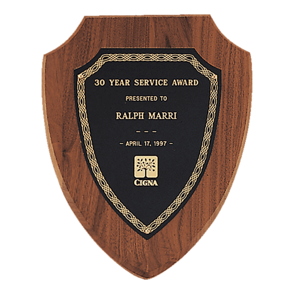 8 1/2" x 10 1/2" Jewelers Black Laserable Gold Border Shield Plate on an American Walnut Shield Plaque- Sheffield Series