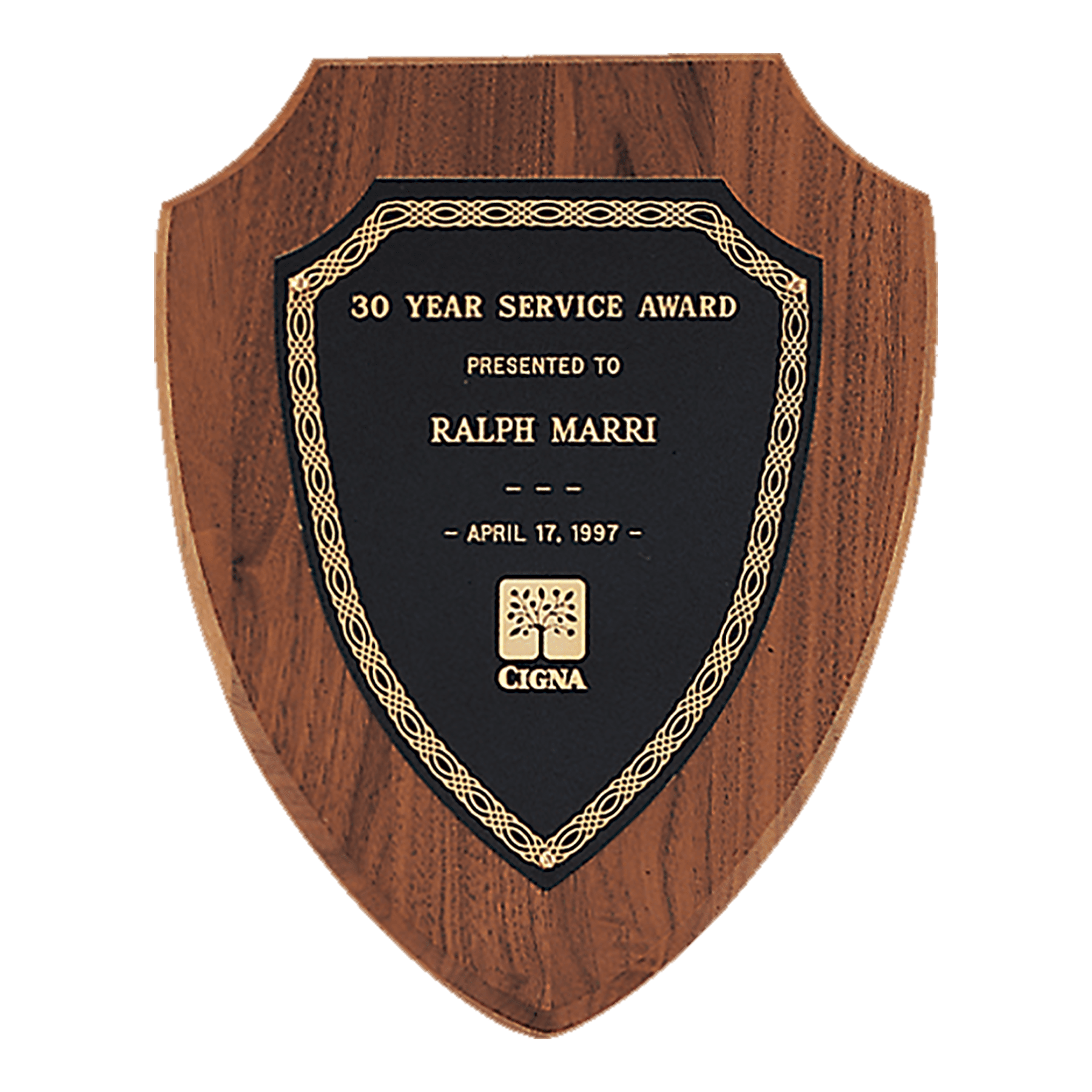 8 1/2" x 10 1/2" Jewelers Black Laserable Gold Border Shield Plate on an American Walnut Shield Plaque- Sheffield Series