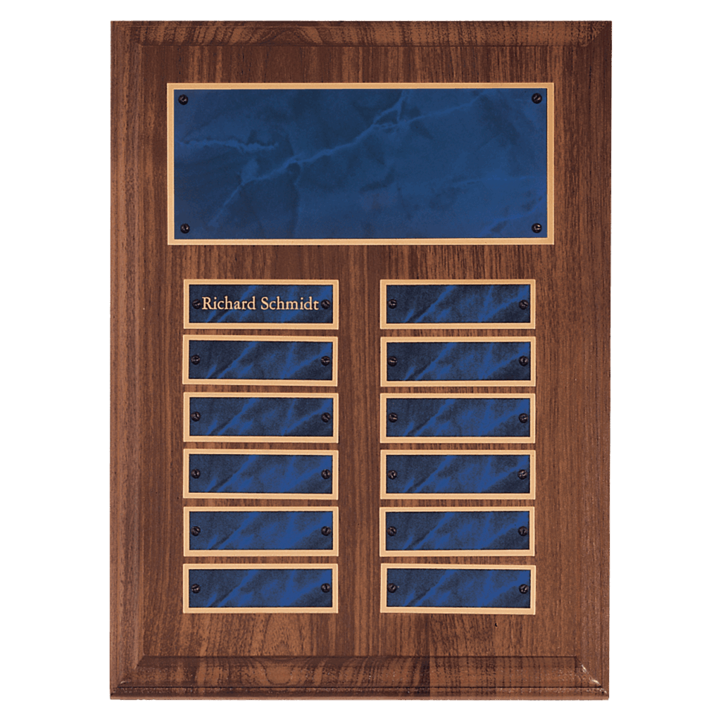 9" x 12" American Walnut 12 Plate Perpetual Plaque with Sapphire Marble Brass Plates