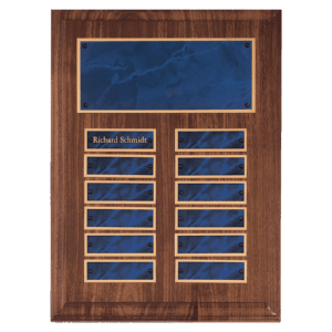 9" x 12" American Walnut 12 Plate Perpetual Plaque with Sapphire Marble Brass Plates