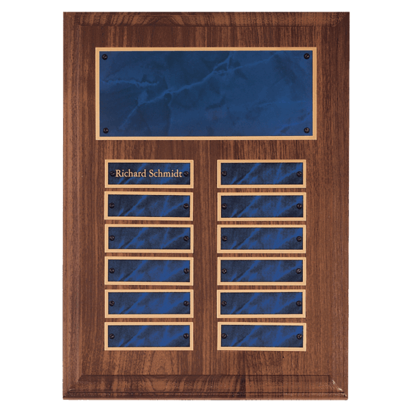 9" x 12" American Walnut 12 Plate Perpetual Plaque with Sapphire Marble Brass Plates