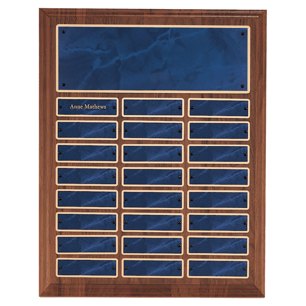12" x 15"/Plates 1" x 3 1/4" American Walnut 24 Plate Perpetual Plaque with Sapphire Marble Brass Plates