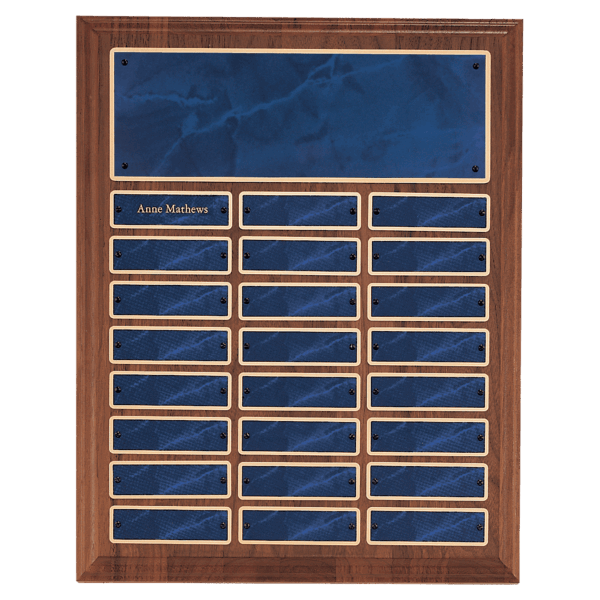 12" x 15"/Plates 1" x 3 1/4" American Walnut 24 Plate Perpetual Plaque with Sapphire Marble Brass Plates