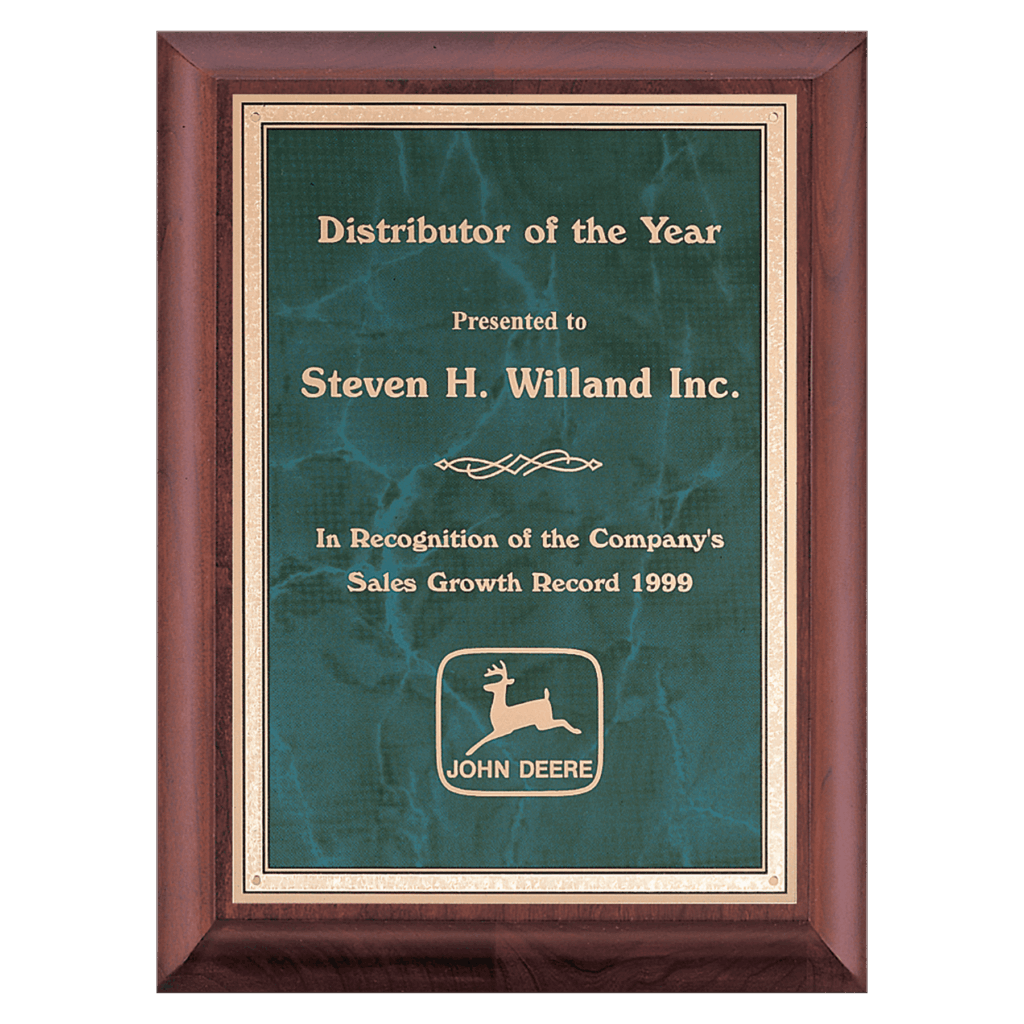 7" x 9" Hand Rubbed Cherry Finish Plaque with Emerald Marble Gold Border LaserFX Plate