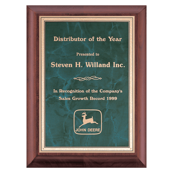 8" x 10" Hand Rubbed Cherry Finish Plaque with Emerald Marble Gold Border LaserFX Plate