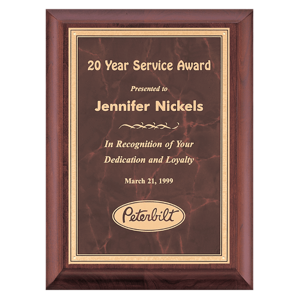 7" x 9" Hand Rubbed Cherry Finish Plaque with Ruby Marble Gold Border LaserFX Plate