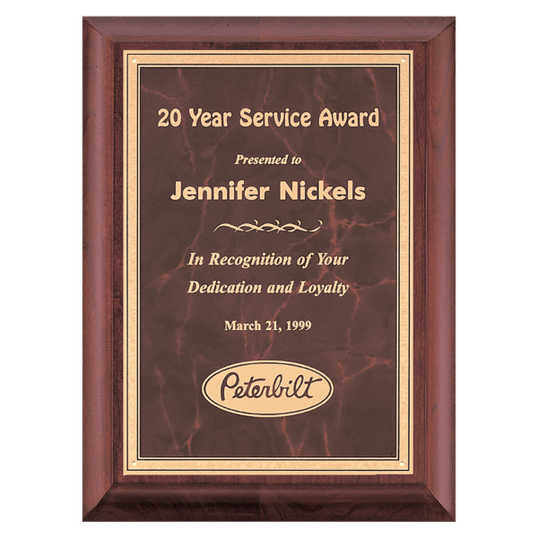 7" x 9" Hand Rubbed Cherry Finish Plaque with Ruby Marble Gold Border LaserFX Plate
