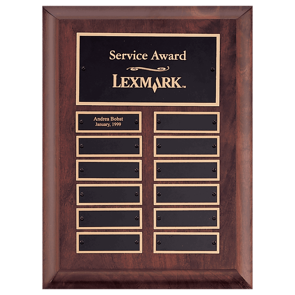 9" x 12" Airflyte Cherry Finish Perpetual Plaque with 12 Gold Border Black Laserable Brass Perpetual Plates