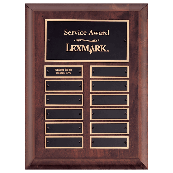 9" x 12" Airflyte Cherry Finish Perpetual Plaque with 12 Gold Border Black Laserable Brass Perpetual Plates