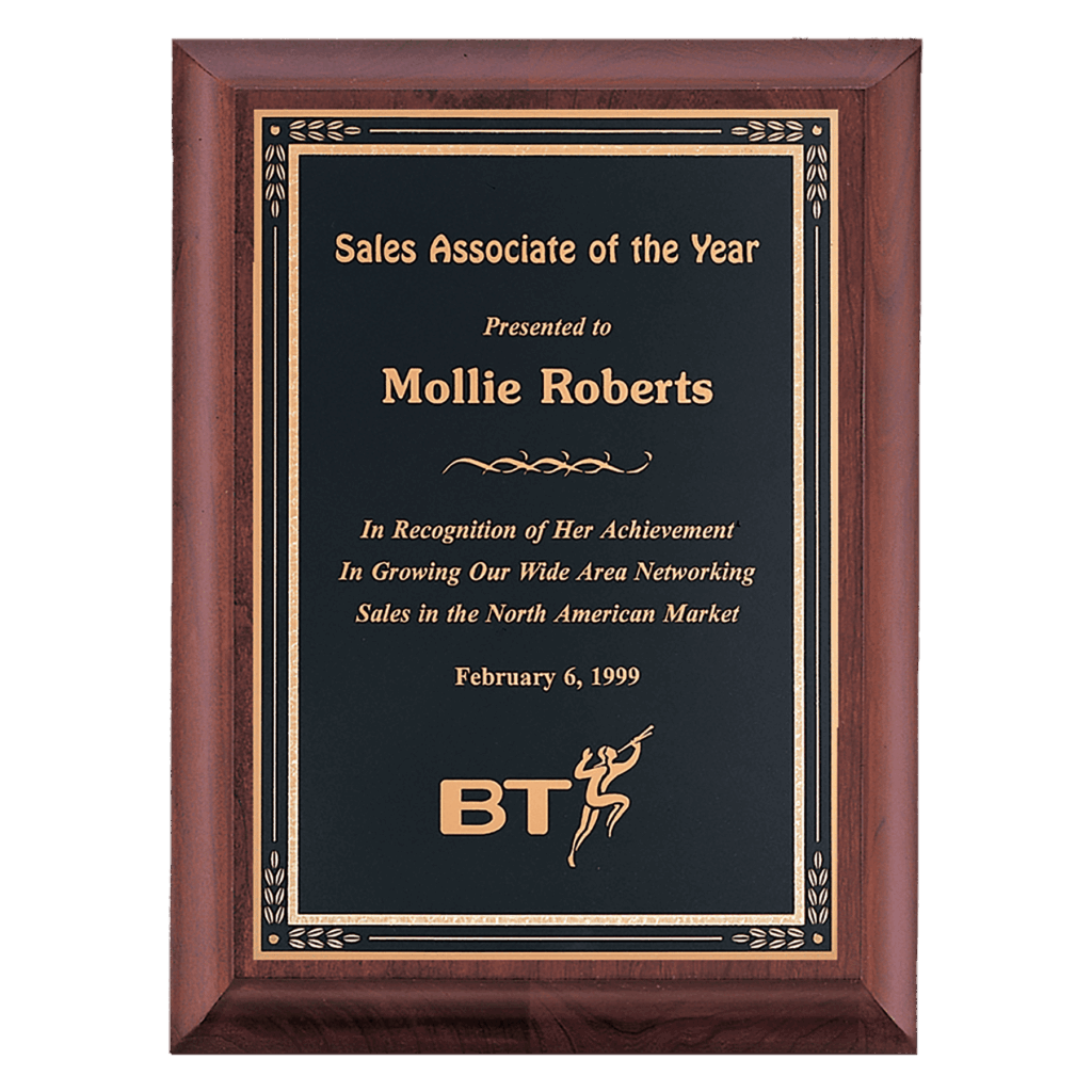 8" x 10" Hand Rubbed Cherry Finish Plaque with Black Gold Florentine Border LaserFX Plate
