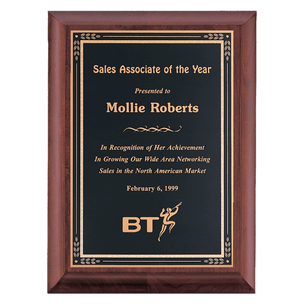 9" x 12" Hand Rubbed Cherry Finish Plaque with Black Gold Florentine Border LaserFX Plate