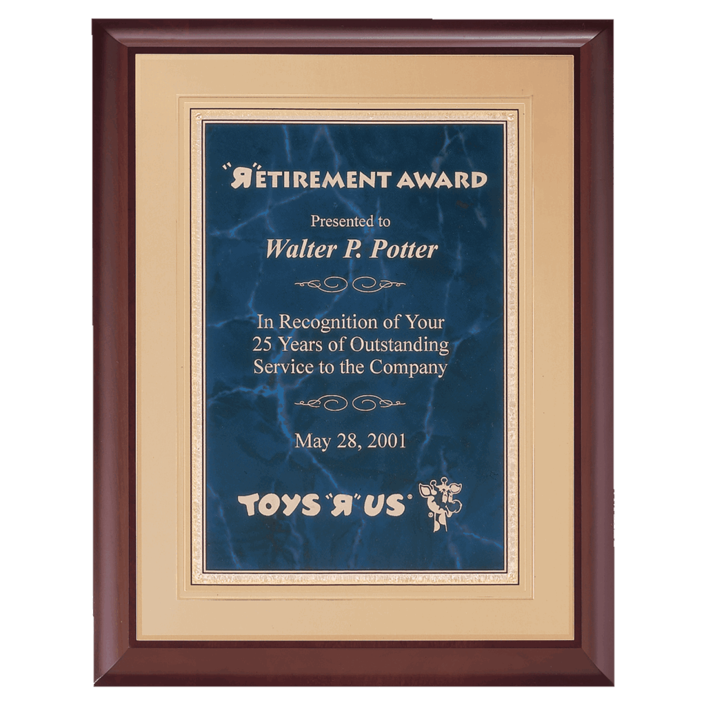 11" x 14" Hand Rubbed Cherry Finish Plaque with a Sapphire Gold Border Florentine LaserFX Plate on an Gold Embossed Back Plate