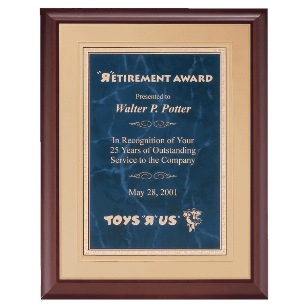 11" x 14" Hand Rubbed Cherry Finish Plaque with a Sapphire Gold Border Florentine LaserFX Plate on an Gold Embossed Back Plate