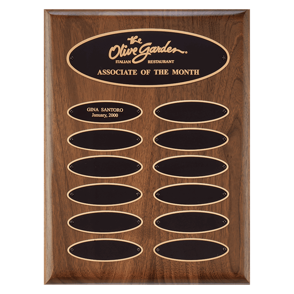 9" x 12"/Plates 1" x 3 1/4" American Walnut 12 Plate Perpetual Plaque with Black Brass Elliptical Plates