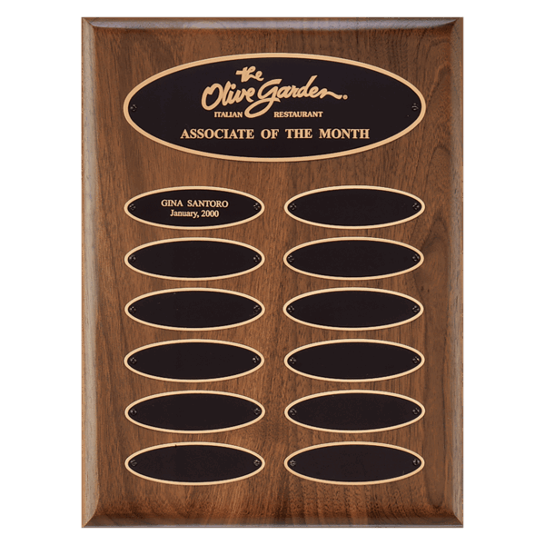 9" x 12"/Plates 1" x 3 1/4" American Walnut 12 Plate Perpetual Plaque with Black Brass Elliptical Plates