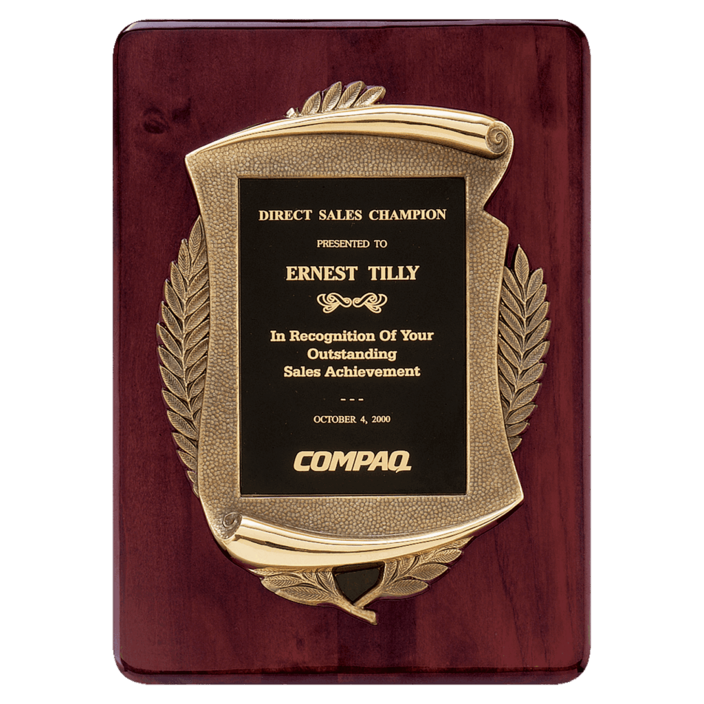 11" x 15" Rosewood Piano Finish Plaque w/Antique Bronze Scroll Frame and Black Brass Plate