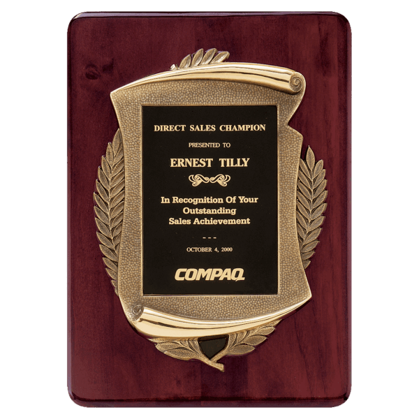 11" x 15" Rosewood Piano Finish Plaque w/Antique Bronze Scroll Frame and Black Brass Plate