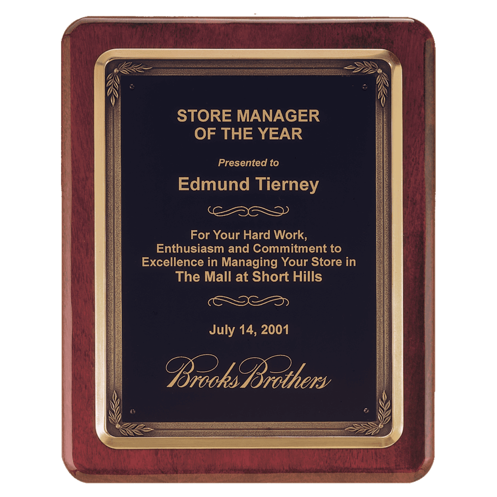 10 1/2" x 13" Rosewood Piano Finish Plaque w/Bronze Finish Cast Frame and Black Brass Plate