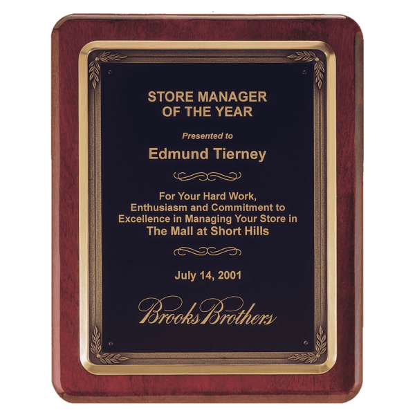 10 1/2" x 13" Rosewood Piano Finish Plaque w/Bronze Finish Cast Frame and Black Brass Plate
