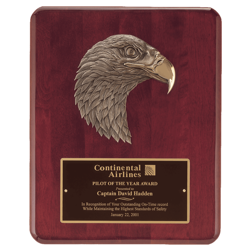 10 1/2" x 13" Rosewood Piano Finish Plaque with Finely Detailed Bronze Eagle Head Casting with Black Laserable Brass Plate
