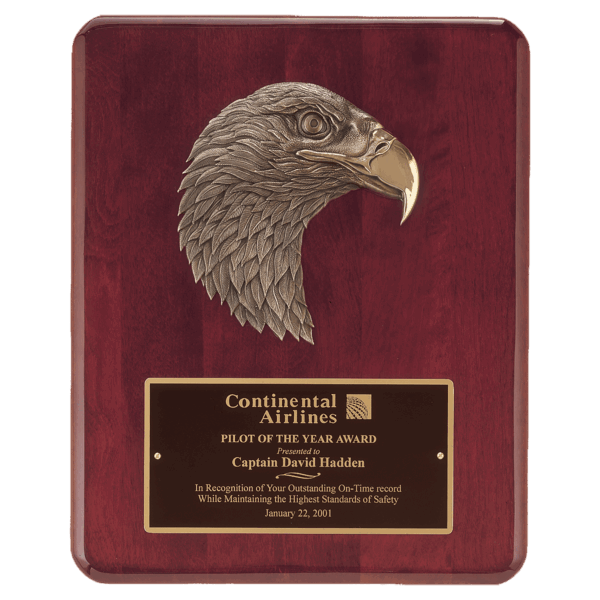 10 1/2" x 13" Rosewood Piano Finish Plaque with Finely Detailed Bronze Eagle Head Casting with Black Laserable Brass Plate