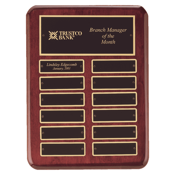 9" x 12" Rosewood Piano Finish 12 Perpetual Plates Plaque with Laserable Black Brass Plates