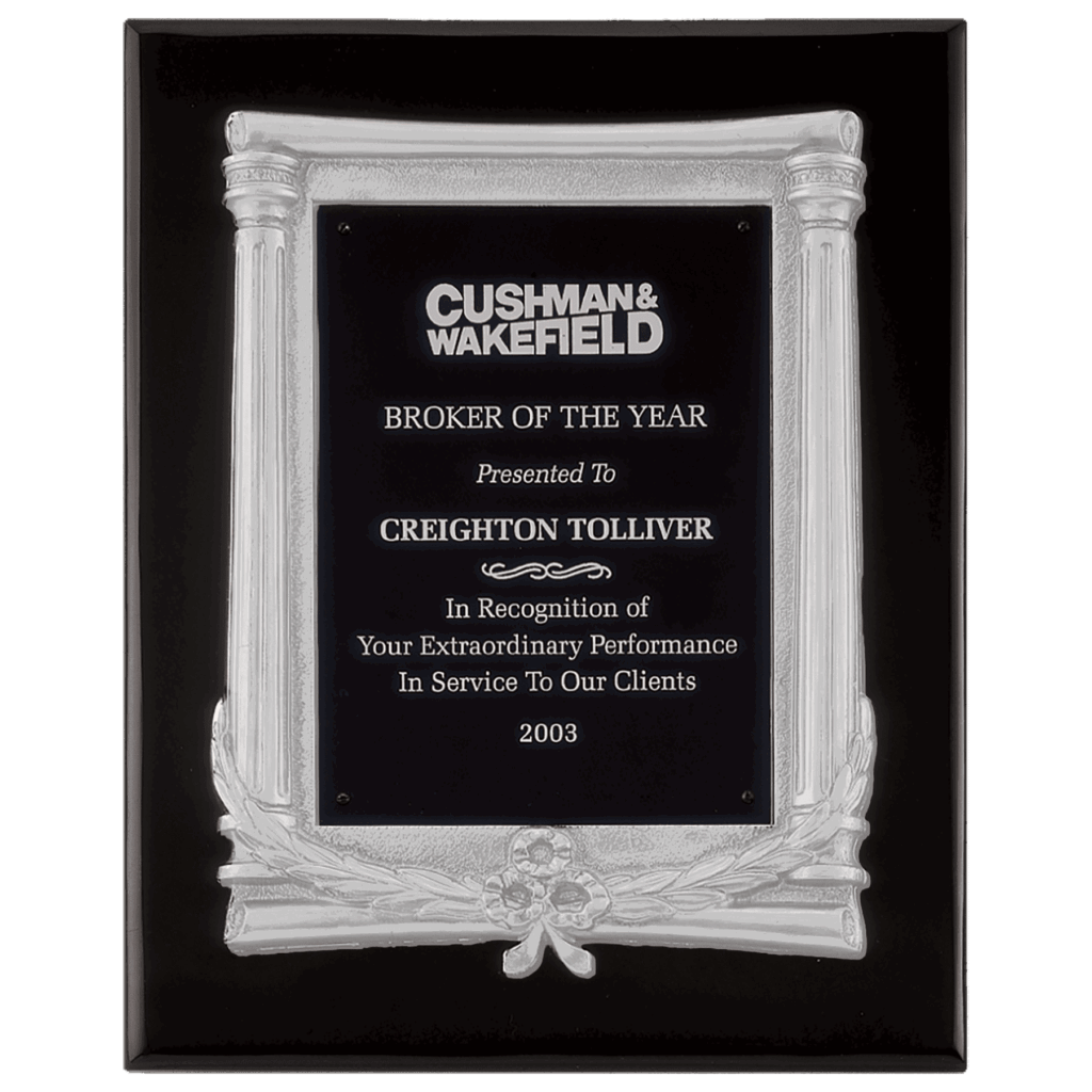 10 1/2" x 13" Black Piano Finish Plaque, Matte Silver Frame Casting & Black Aluminum Plate