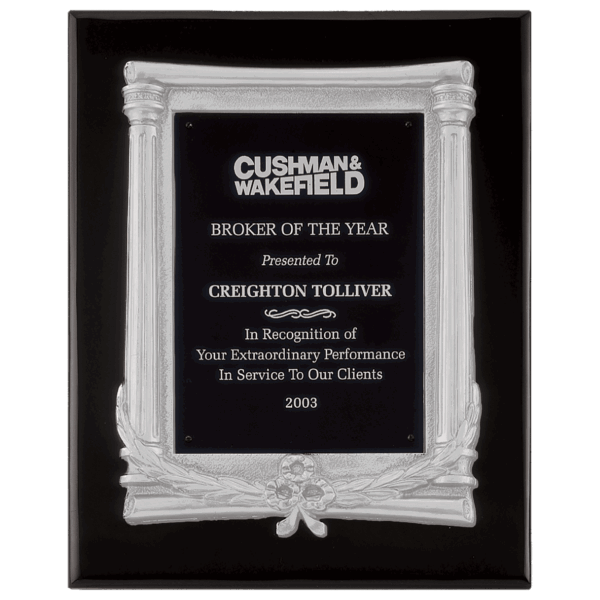 10 1/2" x 13" Black Piano Finish Plaque, Matte Silver Frame Casting & Black Aluminum Plate