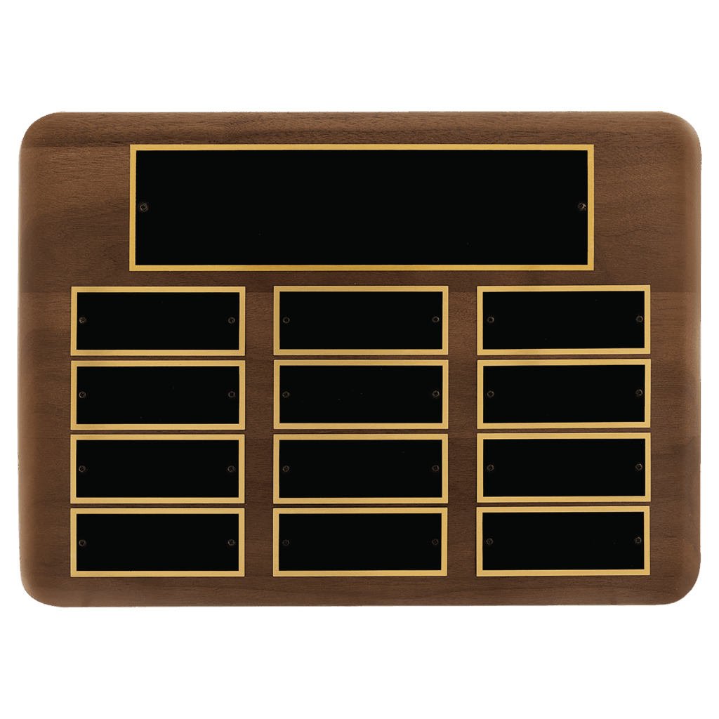 11" x 15"/Plates 1 1/2" x 3 3/4" American Walnut 12 Plate Perpetual Plaque with Black Brass Plates
