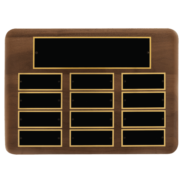 11" x 15"/Plates 1 1/2" x 3 3/4" American Walnut 12 Plate Perpetual Plaque with Black Brass Plates
